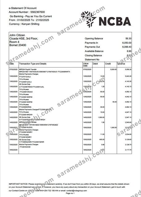 Kenya NCBA Bank e-statement of account Word and PDF template